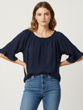 Linda Leal Womens Medium Navy Boho Blouse Lace Trim Elastic Hem Top